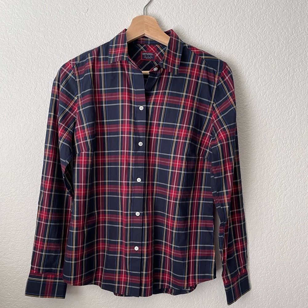 Navy & Red Plaid Cotton Collared Button-Up Shirt